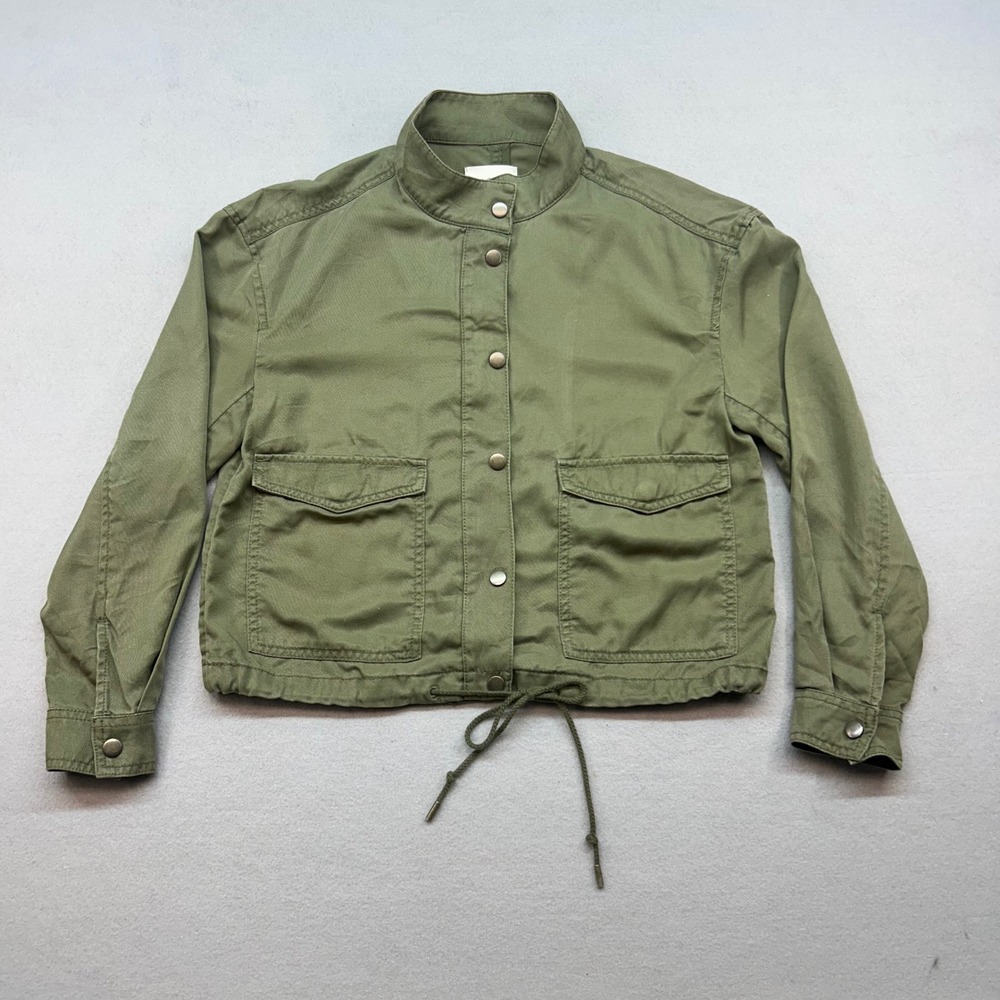 LOFT Womens Olive Green Snap Front Cropped Utility Jacket Mock Neck XS